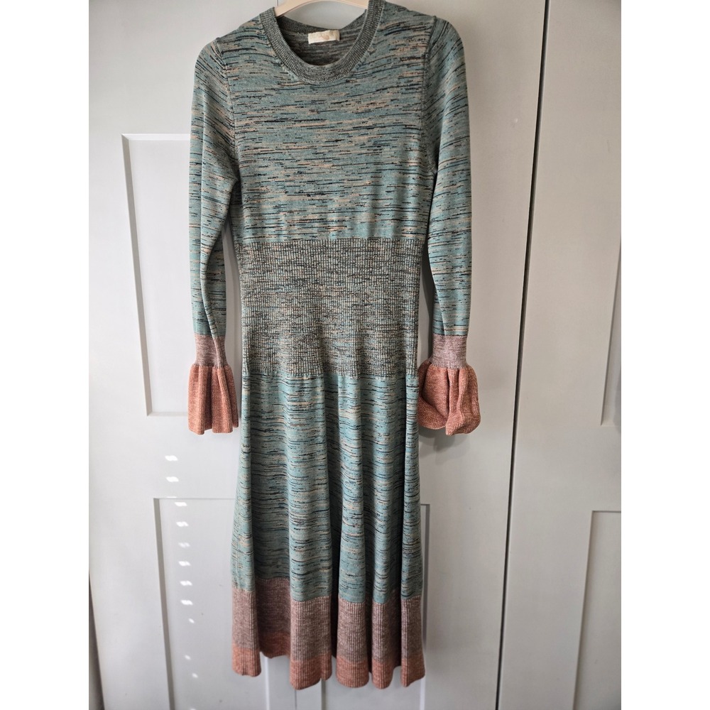 Ulla Johnson XL Space Dyed Knit Midi Dress Ruffle Cuff Teal Brown AW 2022